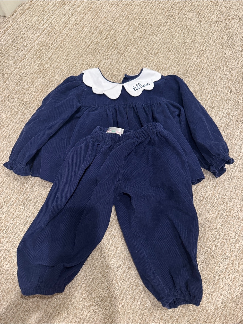 “Lillian” Navy Blue Two-Piece Corduroy Set with White Peter Pan Collar